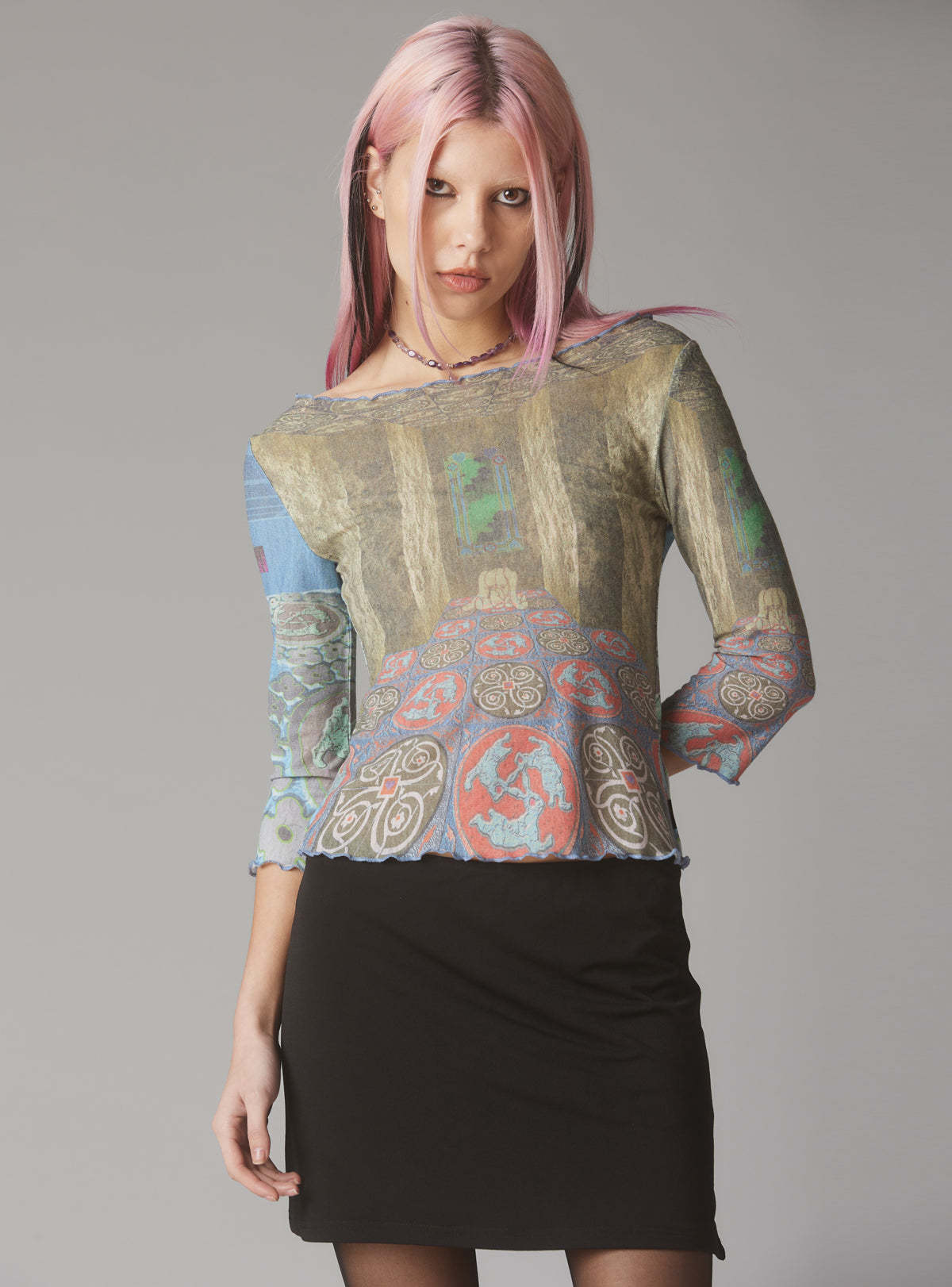 Mesh Printed Quarter Sleeve Top With Wide Neck - UNIF Clothing|New Arrivals