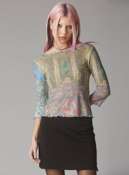 Mesh Printed Quarter Sleeve Top With Wide Neck - UNIF Clothing|New Arrivals
