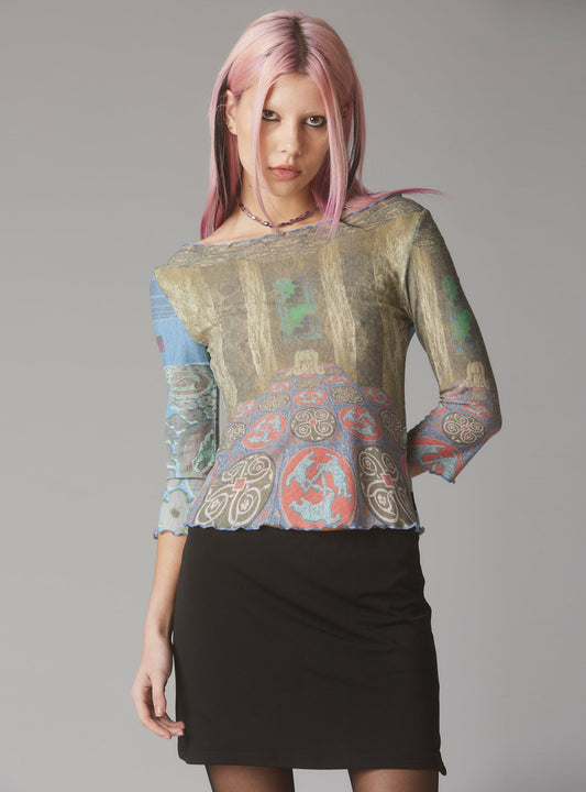 Mesh Printed Quarter Sleeve Top With Wide Neck - UNIF Clothing|New Arrivals