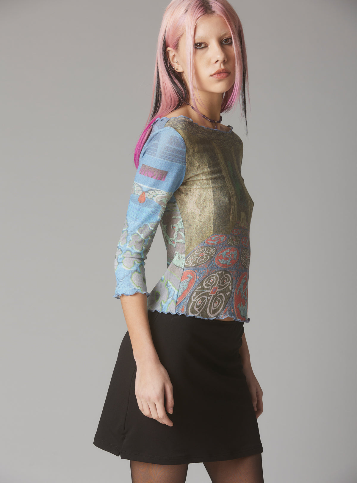 Mesh Printed Quarter Sleeve Top With Wide Neck - UNIF Clothing|New Arrivals