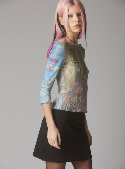 Mesh Printed Quarter Sleeve Top With Wide Neck - UNIF Clothing|New Arrivals