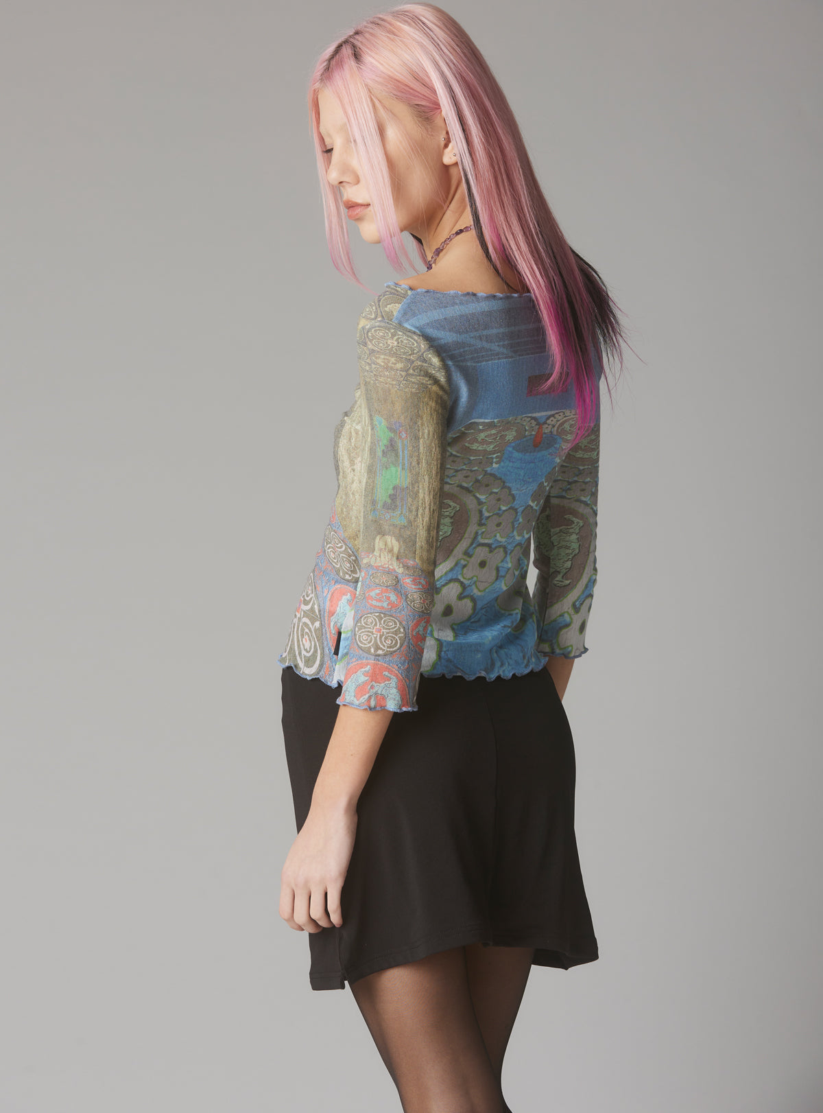 Mesh Printed Quarter Sleeve Top With Wide Neck - UNIF Clothing|New Arrivals