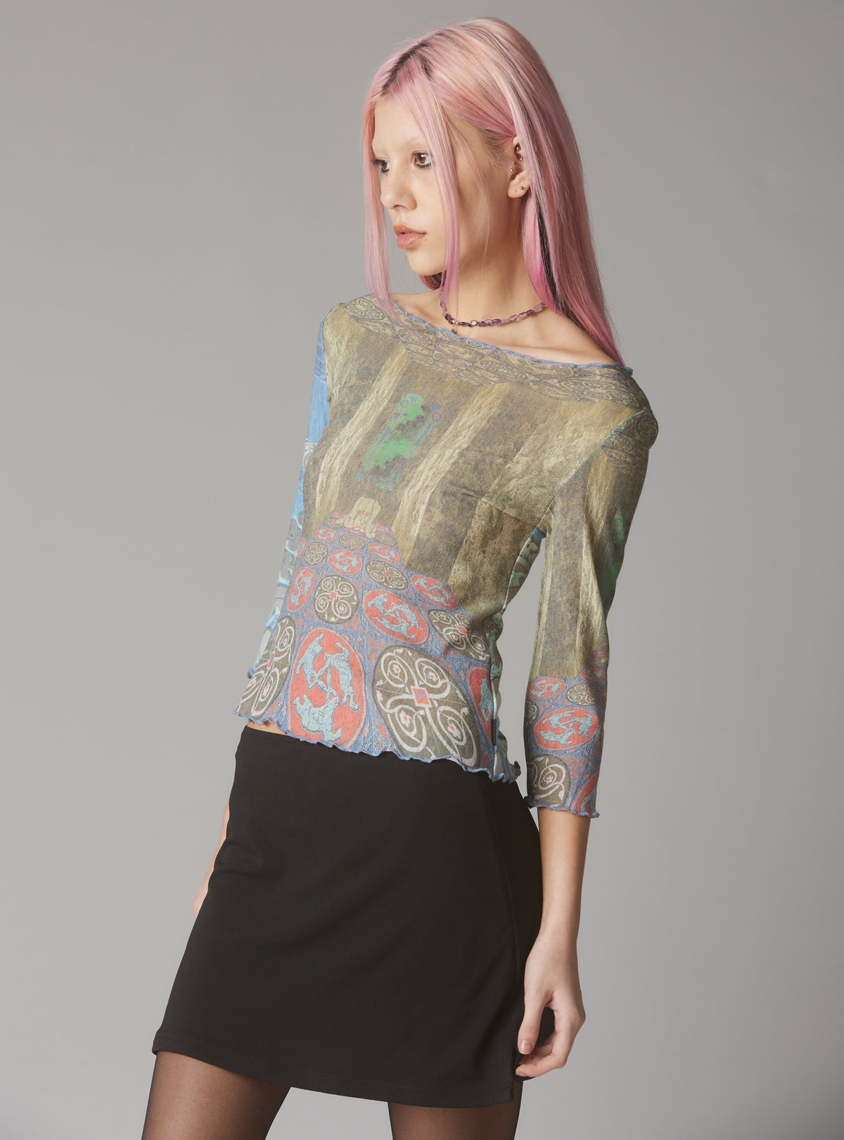 Mesh Printed Quarter Sleeve Top With Wide Neck - UNIF Clothing|New Arrivals