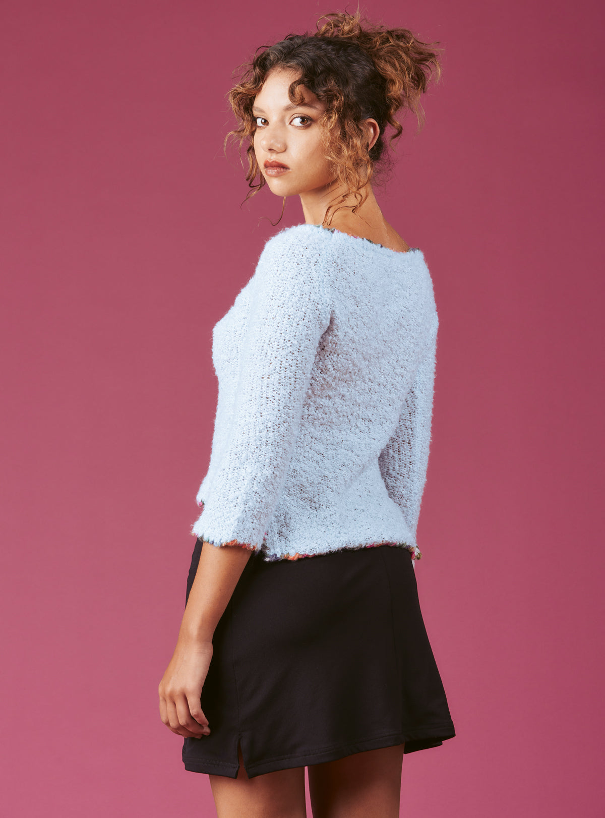 Soft Baby Blue Cropped Boucle-Knit Sweater - UNIF Clothing|New Arrivals