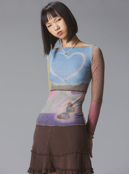 Skye Top Y2K allover-print mesh top with custom artwork - UNIF Clothing