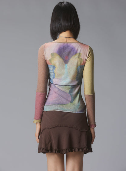 Skye Top Y2K allover-print mesh top with custom artwork - UNIF Clothing